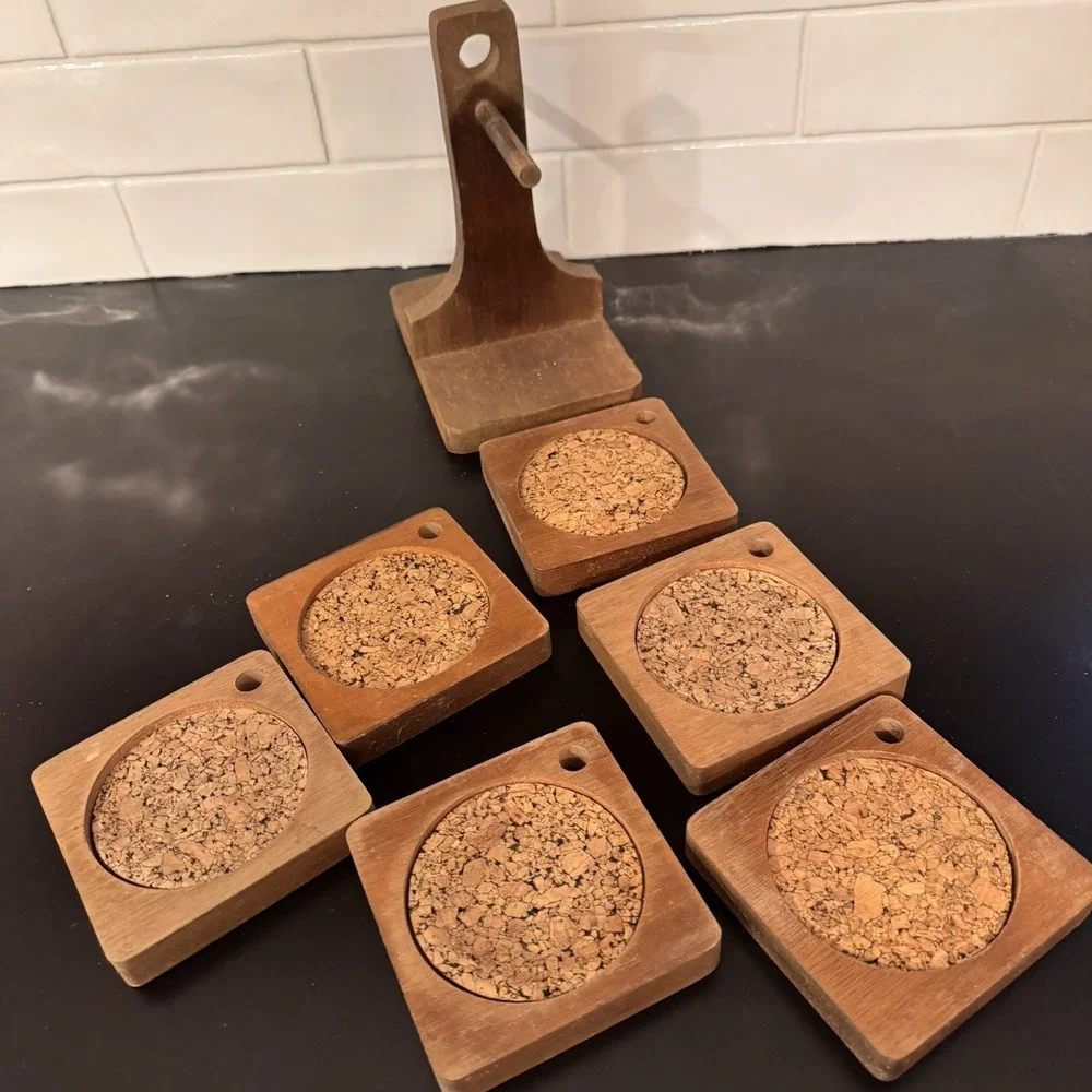 Vintage Wood & Cork Hanging Coasters 4x4 in Square Mid Century Modern‎ Set Of 6